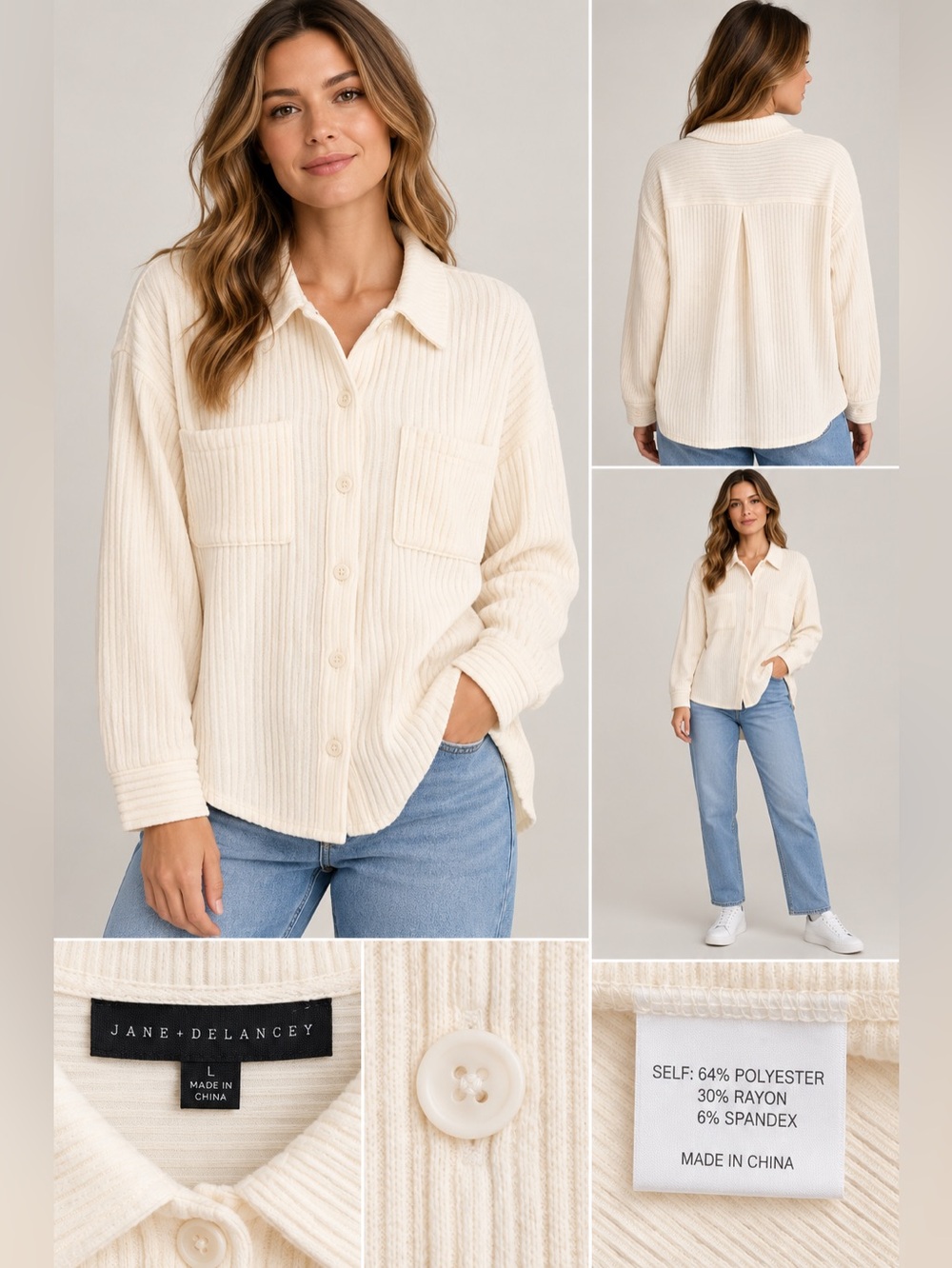 Jane + Delancey Women’s Large Cream Ribbed Button Front Shacket Oversized Top
